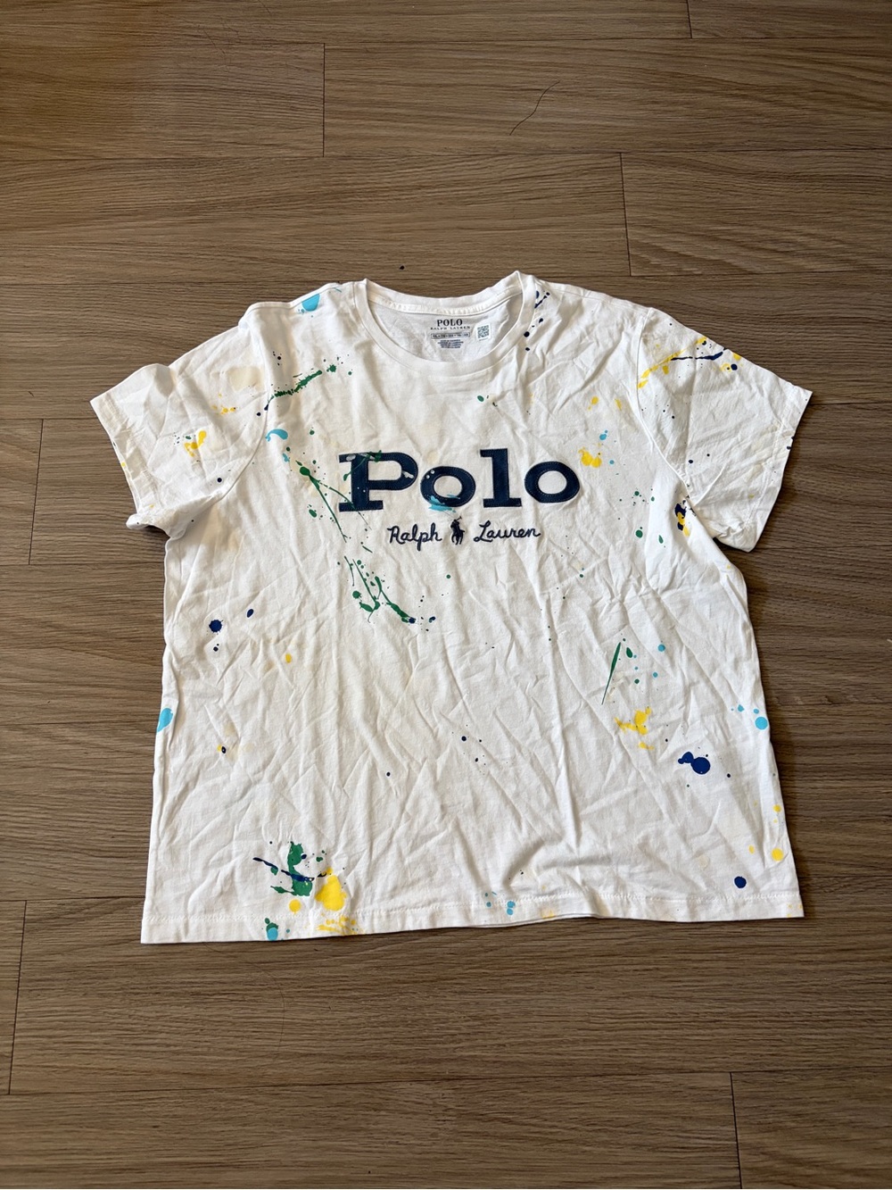 Polo by Ralph Lauren White Tee with Navy Logo and Multicolor Splatter